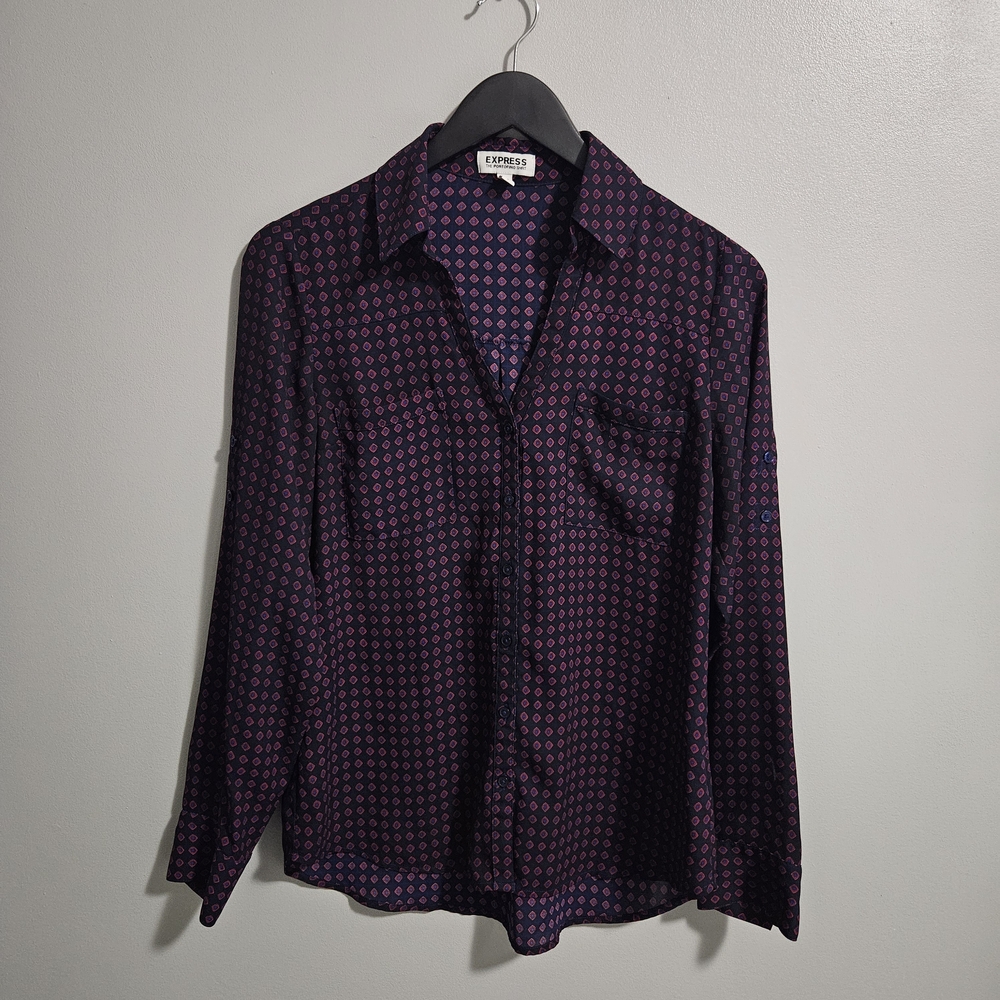 Express The Portofino Shirt Purple Pink Geometric Diamond Print Button Up Small